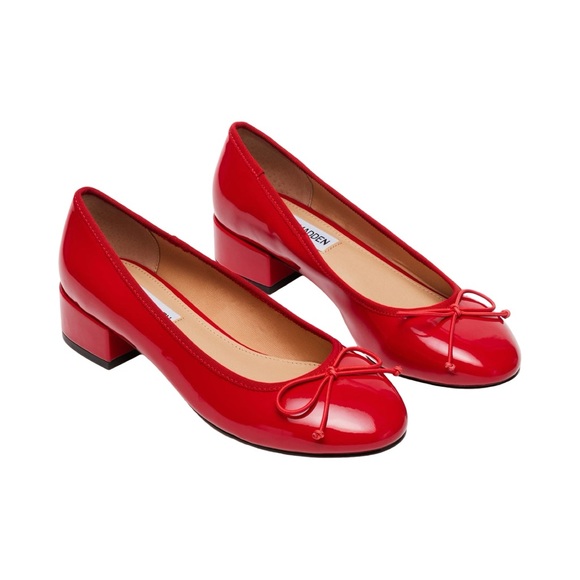Steve Madden Cherish Red Patent Flats with Low Block Heel and Bows - Picture 1 of 8
